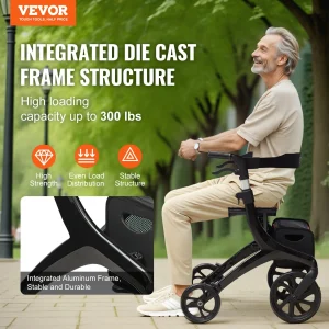 VEVOR Folding Rollator Walker for Seniors and Adults, Lightweight Aluminum Rolling Walker with Seat and Adjustable Handle, 4-Wheel Outdoor Mobility Walker with Spacious Storage Bag, 300LBS Capacity