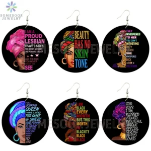 I Am Black Woman African Wooden Drop Earrings