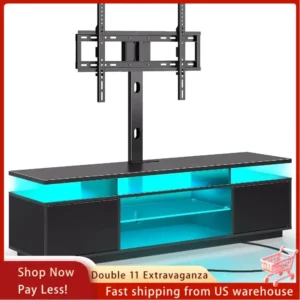 TV Stand with Mount Power Outlet 51.2" Height Adjustable Swivel, with Storage & LED Lights for 32/45/55/60/65/70 inch TVs