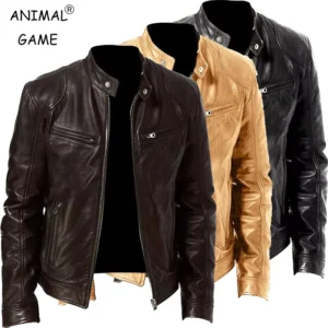 Mens Stand Collar Leather Jacket