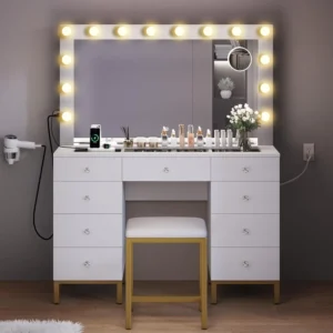 White Makeup Vanity Desk Set with Hollywood Bulbs Mirror & Charger Station